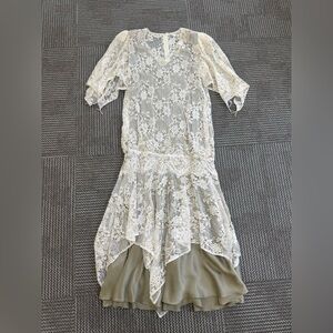 Vintage Custom Made Beaded Lace & Silk Drop Waist Formal Gown, size M